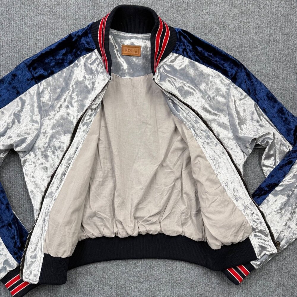 POL Crushed Velvet Colorblock Bomber Jacket Y2K Sporty Luxe Women S Blue Silver - Picture 7 of 11